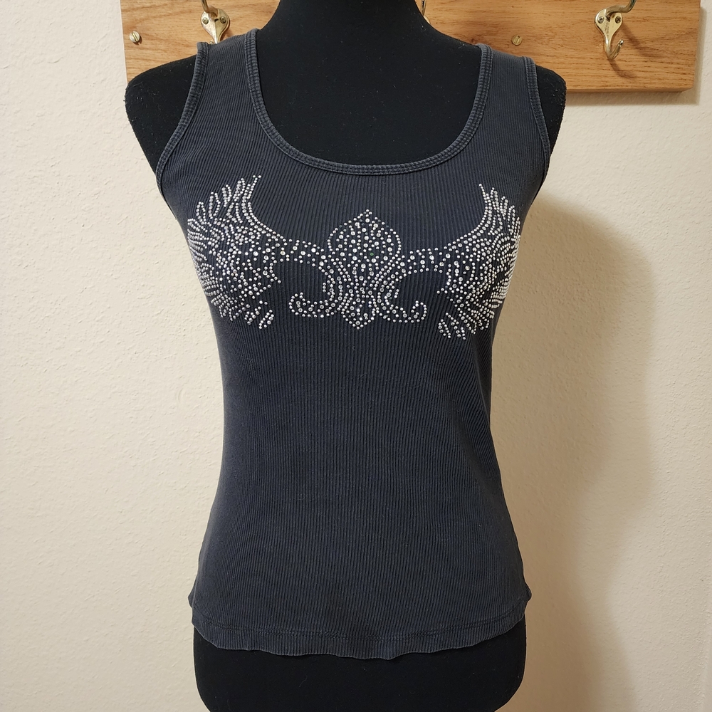 Y2K Fleur-De-Lis Angel Wings Rhinestone Embellished Black Ribbed Tank Top